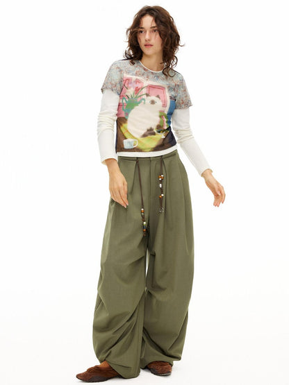 OuttheBlue Moss Green High Waist Loose Wide Leg Casual Stretch Polyester Women Pants