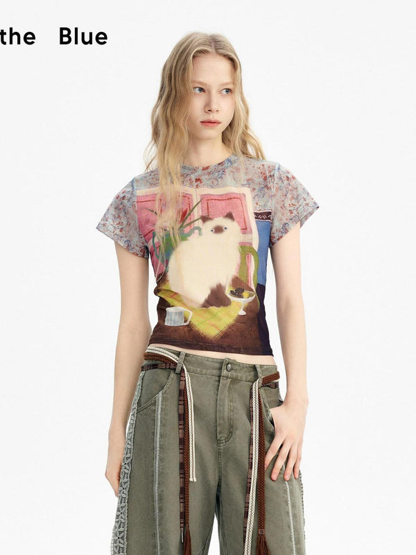 Mural Cat Retro Print Women's Polyester Spandex Breathable Short Sleeve T-shirts