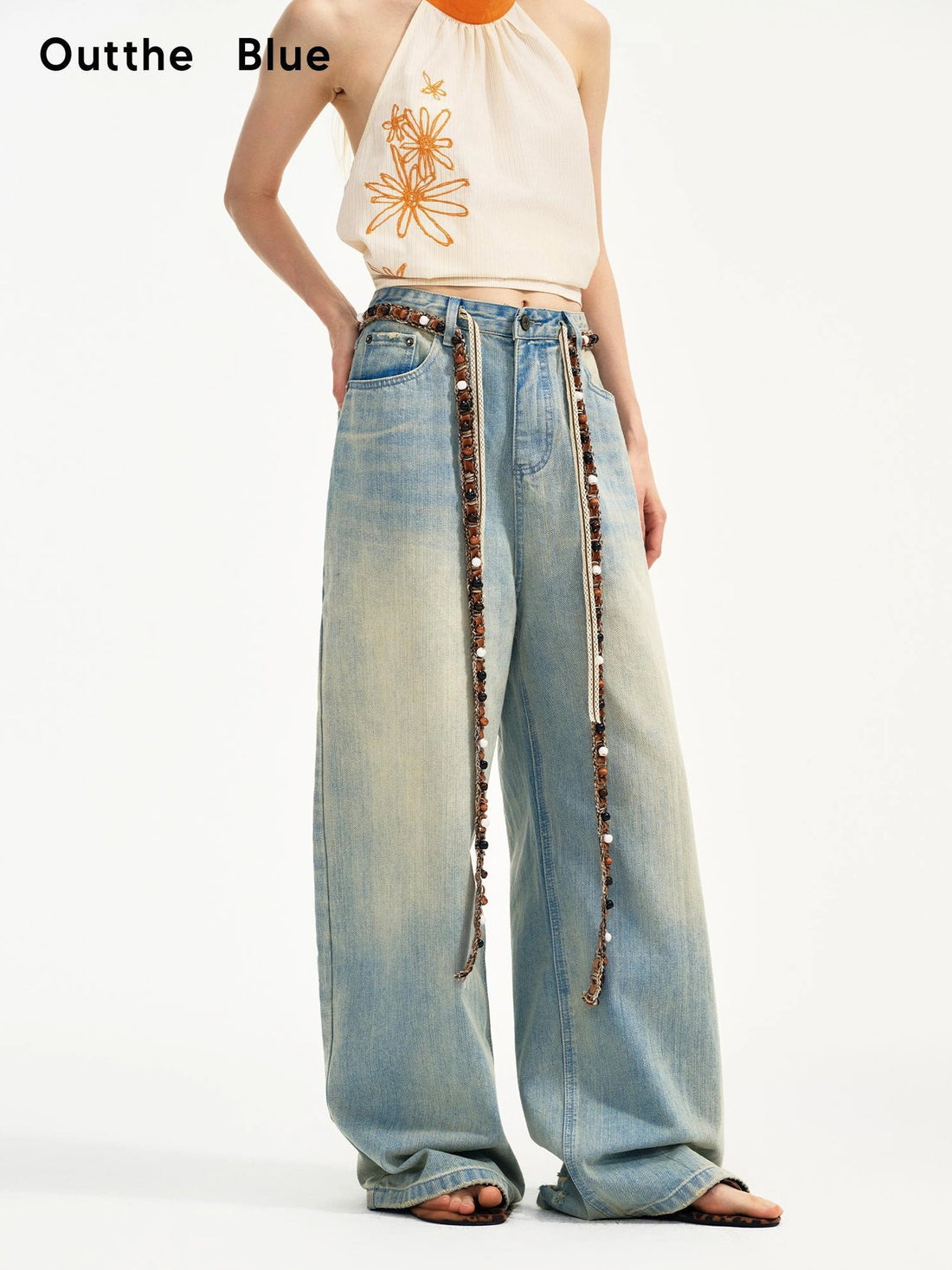 OuttheBlue Nomad Beaded Drawstring Wide Leg Washed Jeans