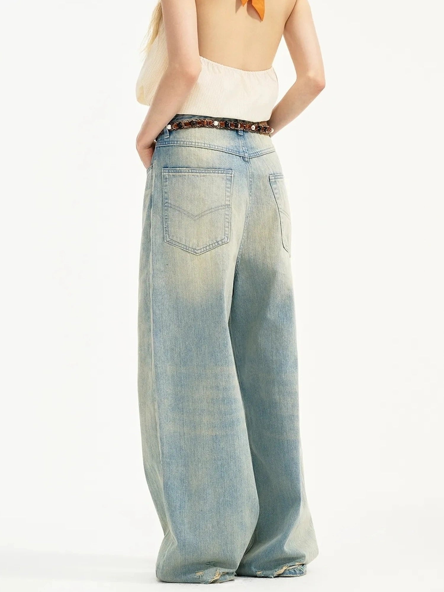 OuttheBlue Nomad Beaded Drawstring Wide Leg Washed Jeans