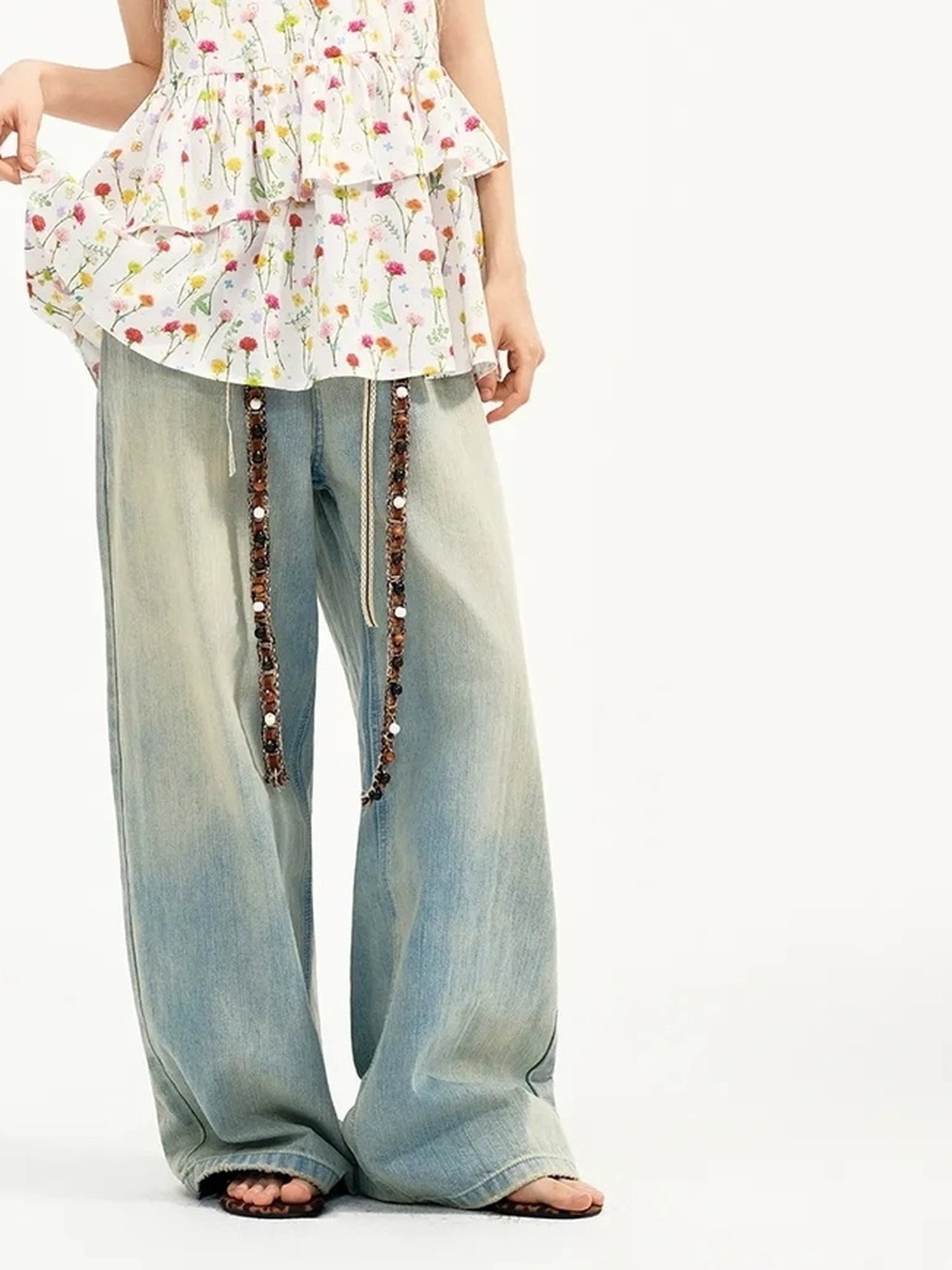 OuttheBlue Nomad Beaded Drawstring Wide Leg Washed Jeans