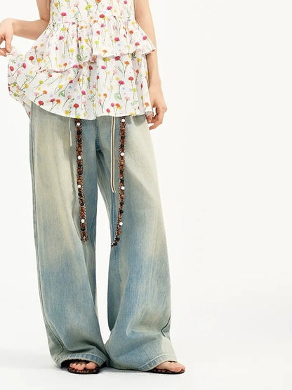 OuttheBlue Nomad Beaded Drawstring Wide Leg Washed Jeans