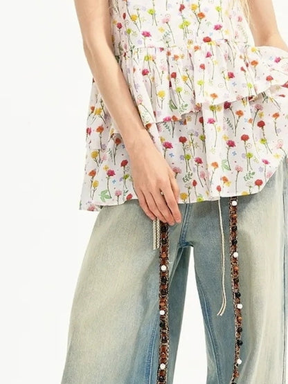 OuttheBlue Nomad Beaded Drawstring Wide Leg Washed Jeans