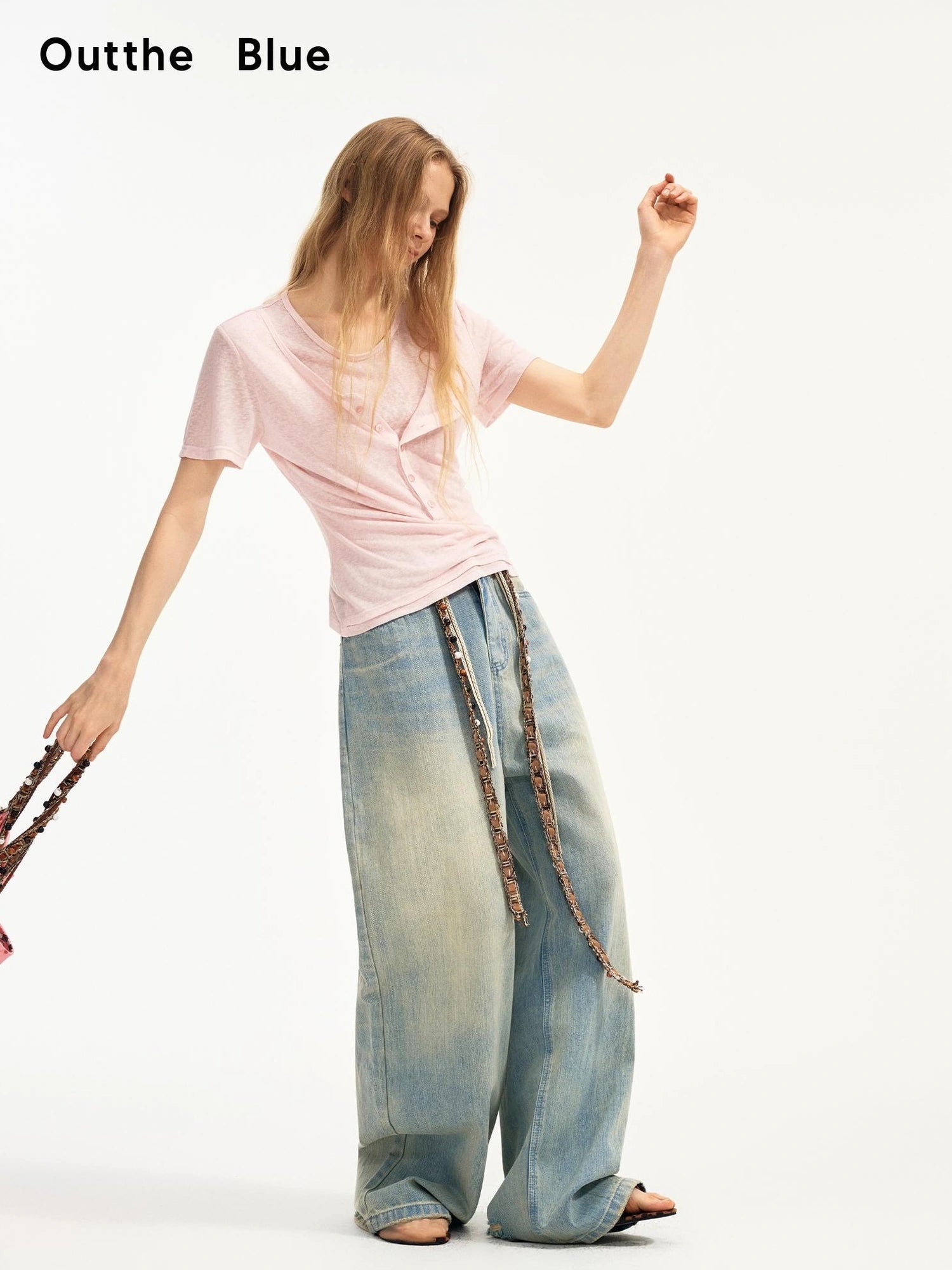 OuttheBlue Nomad Beaded Drawstring Wide Leg Washed Jeans