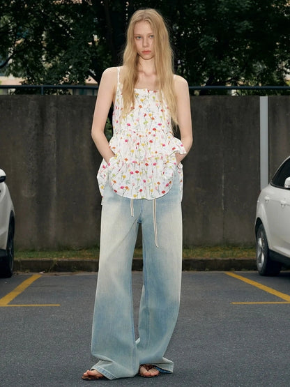 OuttheBlue Nomad Beaded Drawstring Wide Leg Washed Jeans