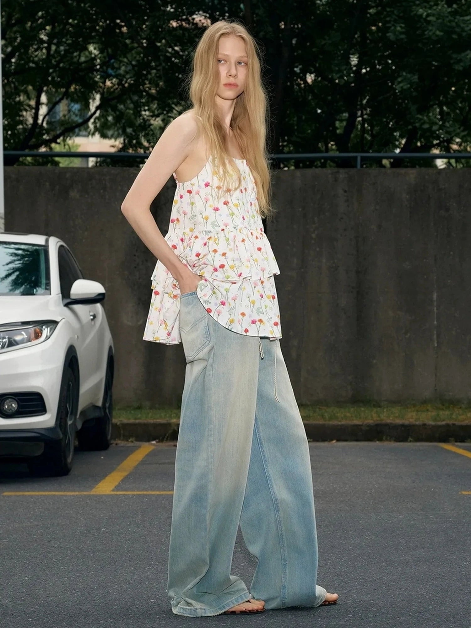 OuttheBlue Nomad Beaded Drawstring Wide Leg Washed Jeans