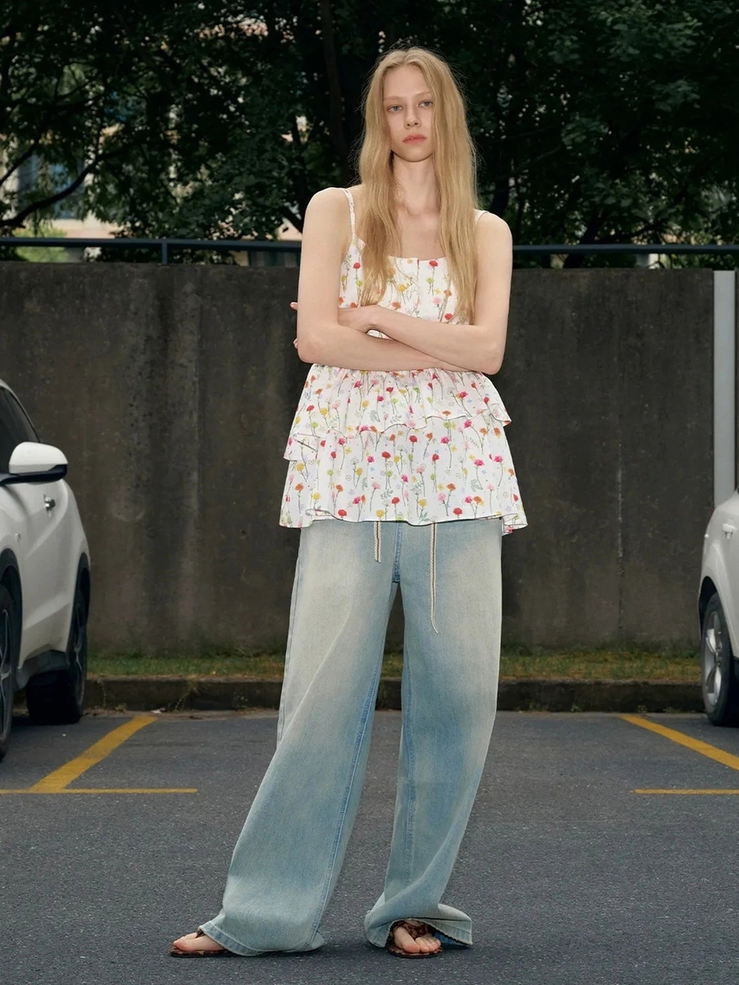 OuttheBlue Nomad Beaded Drawstring Wide Leg Washed Jeans