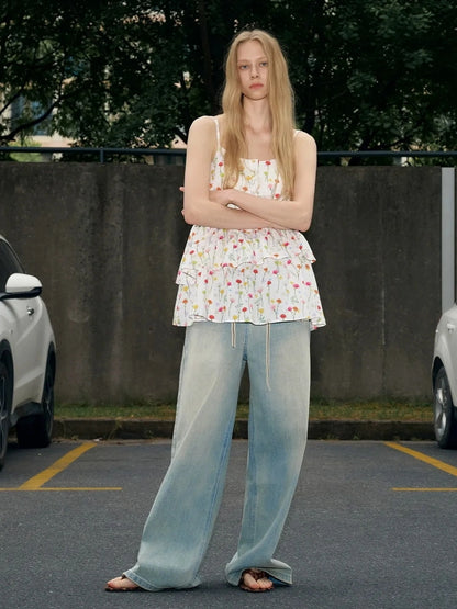 OuttheBlue Nomad Beaded Drawstring Wide Leg Washed Jeans