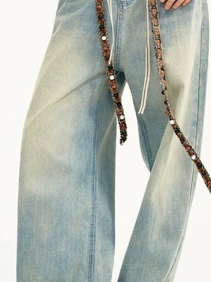 OuttheBlue Nomad Beaded Drawstring Wide Leg Washed Jeans