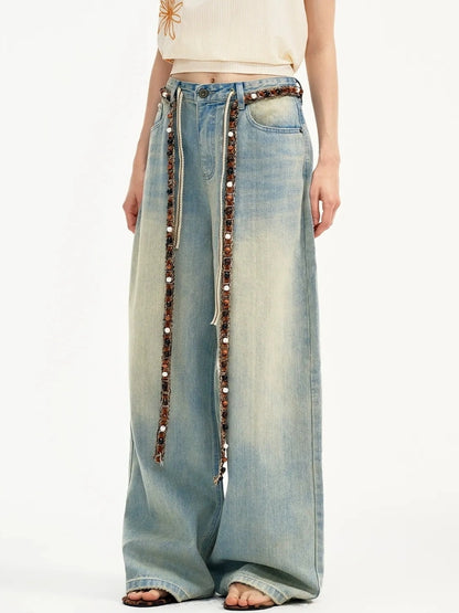 OuttheBlue Nomad Beaded Drawstring Wide Leg Washed Jeans