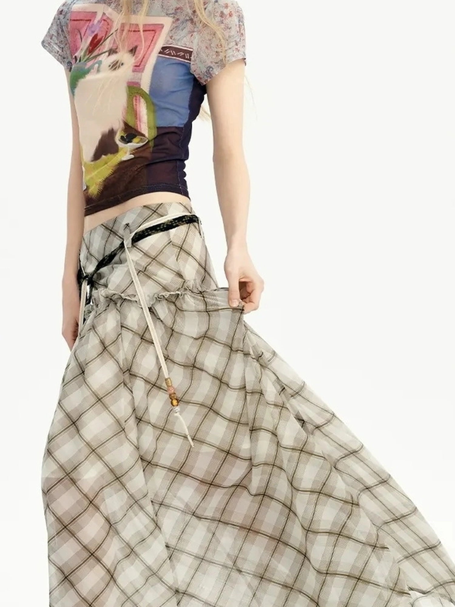 OuttheBlue Nomadic Checkered Beaded Midi Skirt