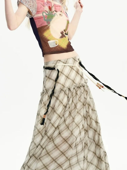OuttheBlue Nomadic Checkered Beaded Midi Skirt