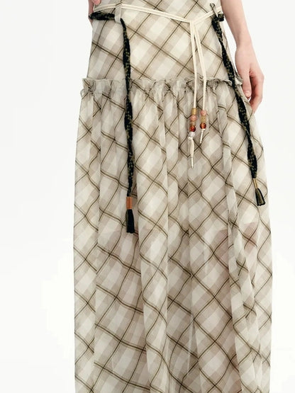 OuttheBlue Nomadic Checkered Beaded Midi Skirt