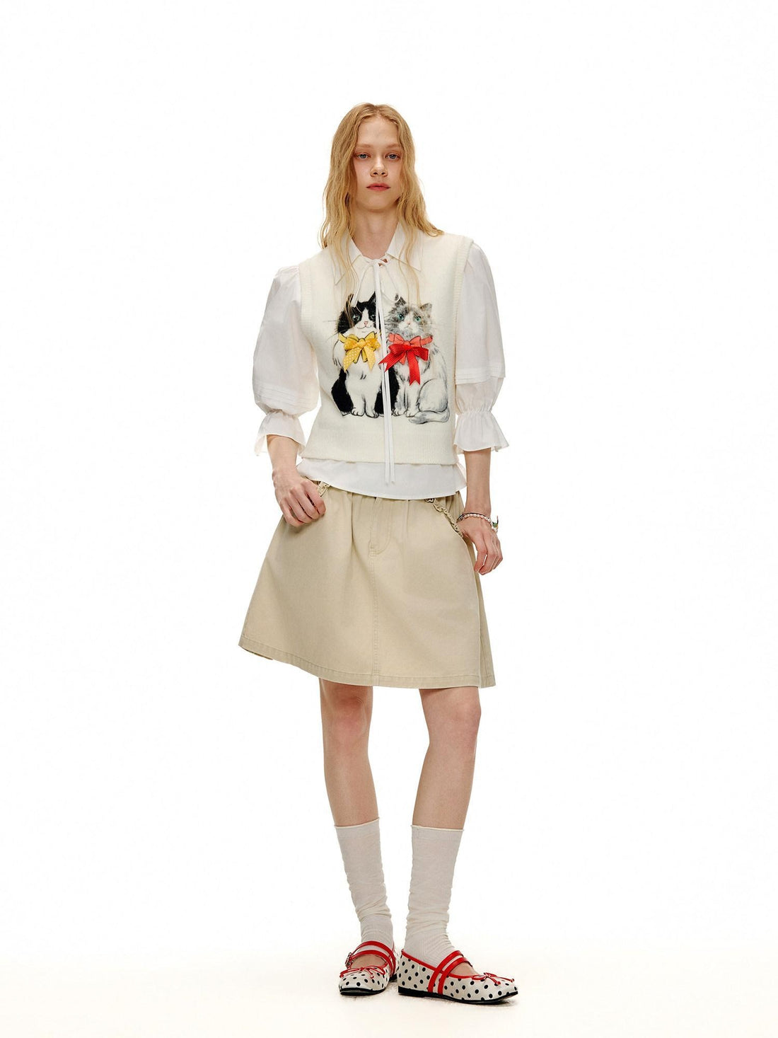 OuttheBlue Nylon Animal Print Casual Loose V Neck Open Front Girls Ivory Vest