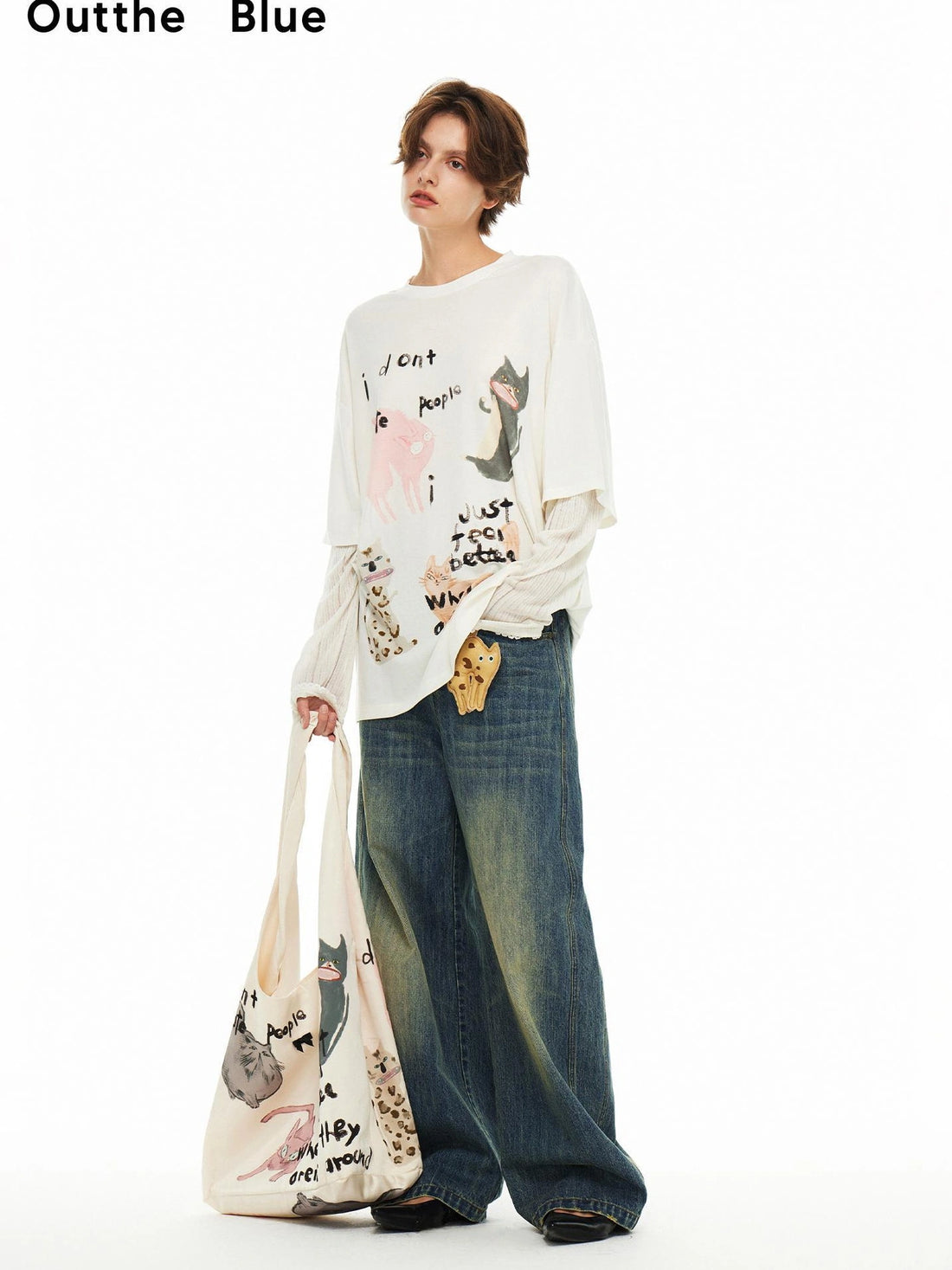 OuttheBlue Out Of The Blue Impatient Cat Lace Trim Loose Fit Long Sleeve Tee