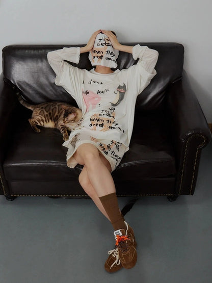 OuttheBlue Out Of The Blue Impatient Cat Lace Trim Loose Fit Long Sleeve Tee