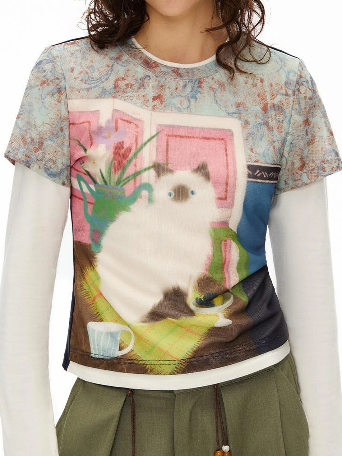 OuttheBlue Out The Blue Cat Print Wool Blend Long Sleeve T-shirt