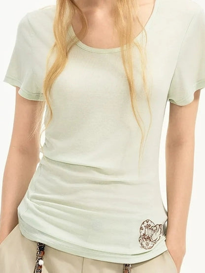 OuttheBlue Out The Blue Embroidered Lyocell Wool U Neck Ruffled Tee