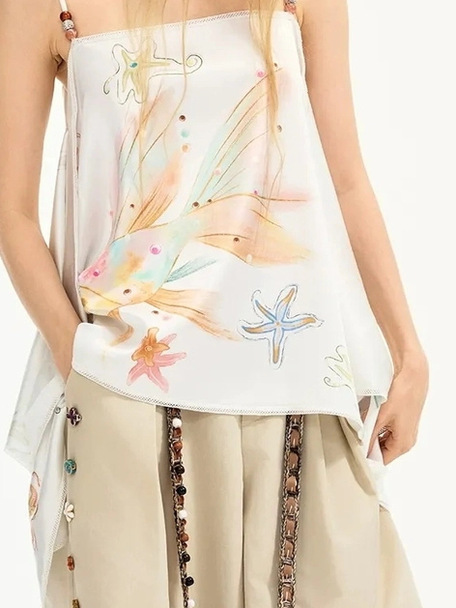 OuttheBlue Out The Blue Fish Print Beaded Satin Flowy Halter Set