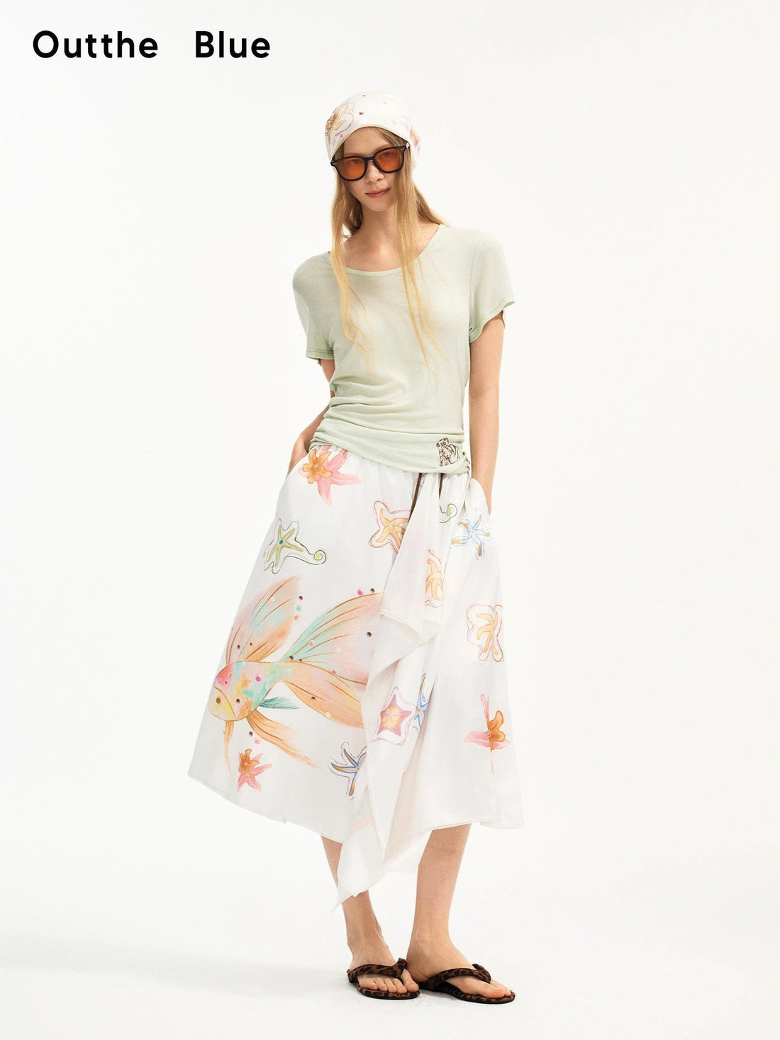 OuttheBlue Out The Blue Fish Print Beaded Satin Flowy Halter Set