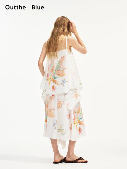 OuttheBlue Out The Blue Fish Print Beaded Satin Flowy Halter Set