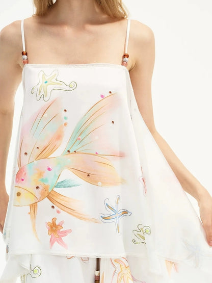 OuttheBlue Out The Blue Fish Print Beaded Satin Flowy Halter Set