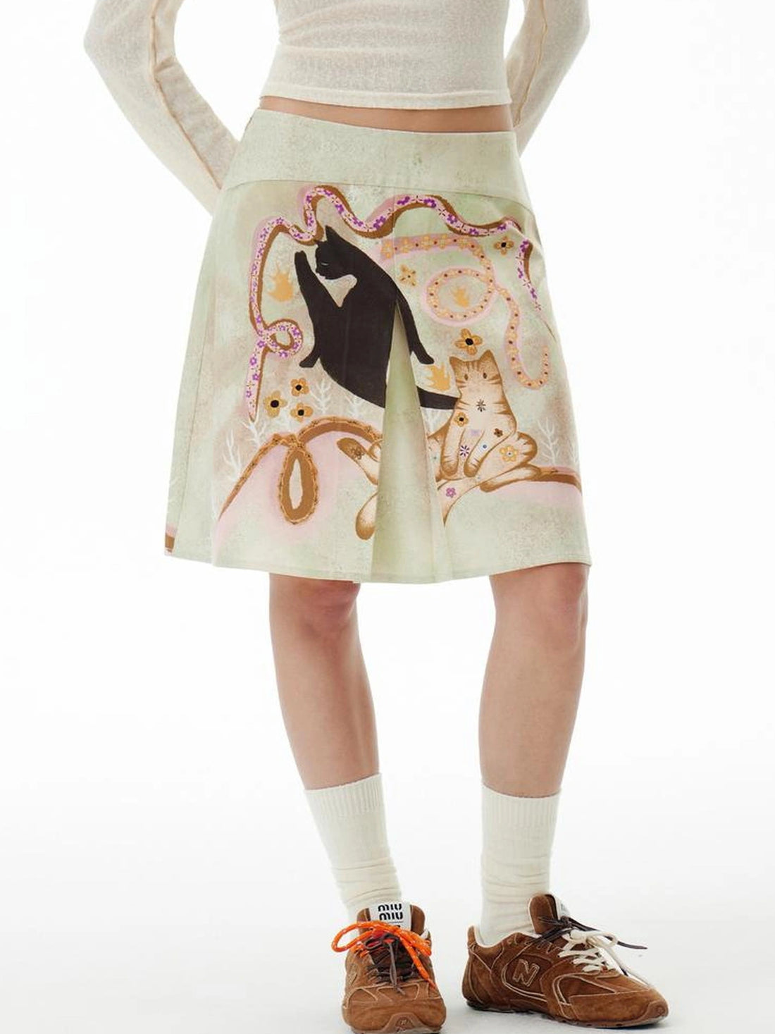 OuttheBlue Out The Blue Green Cat Print A Line Denim Skirt