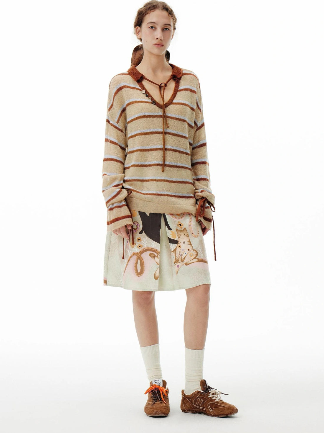 OuttheBlue Out The Blue Green Cat Print A Line Denim Skirt