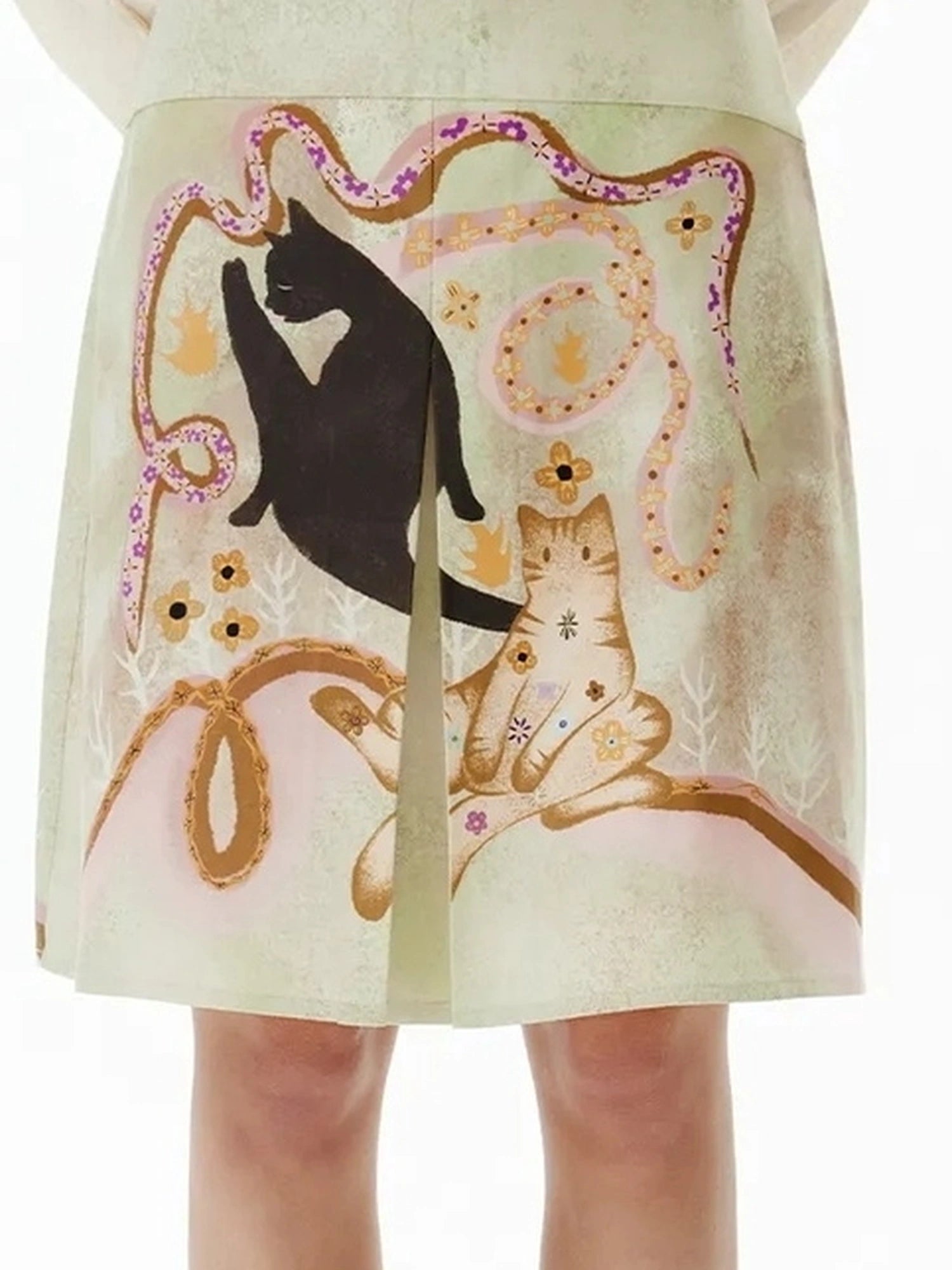 OuttheBlue Out The Blue Green Cat Print A Line Denim Skirt