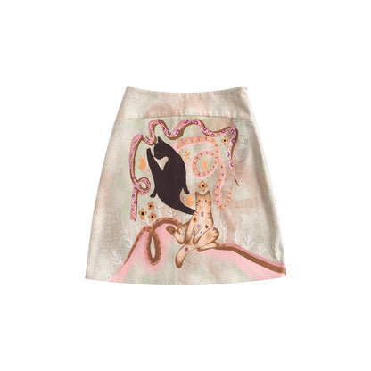 OuttheBlue_Out_The_Blue_Green_Cat_Print_A_Line_Denim_Skirt_MISSTT