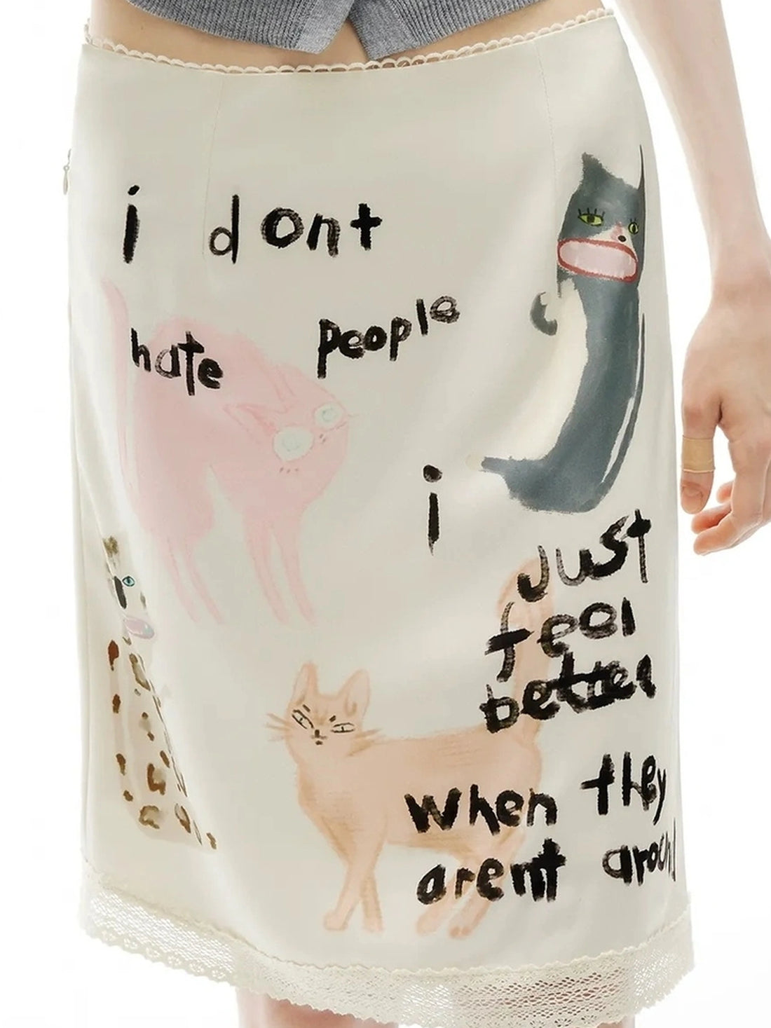 OuttheBlue Out The Blue Impatient Cat Hand Painted Satin Lace Skirt