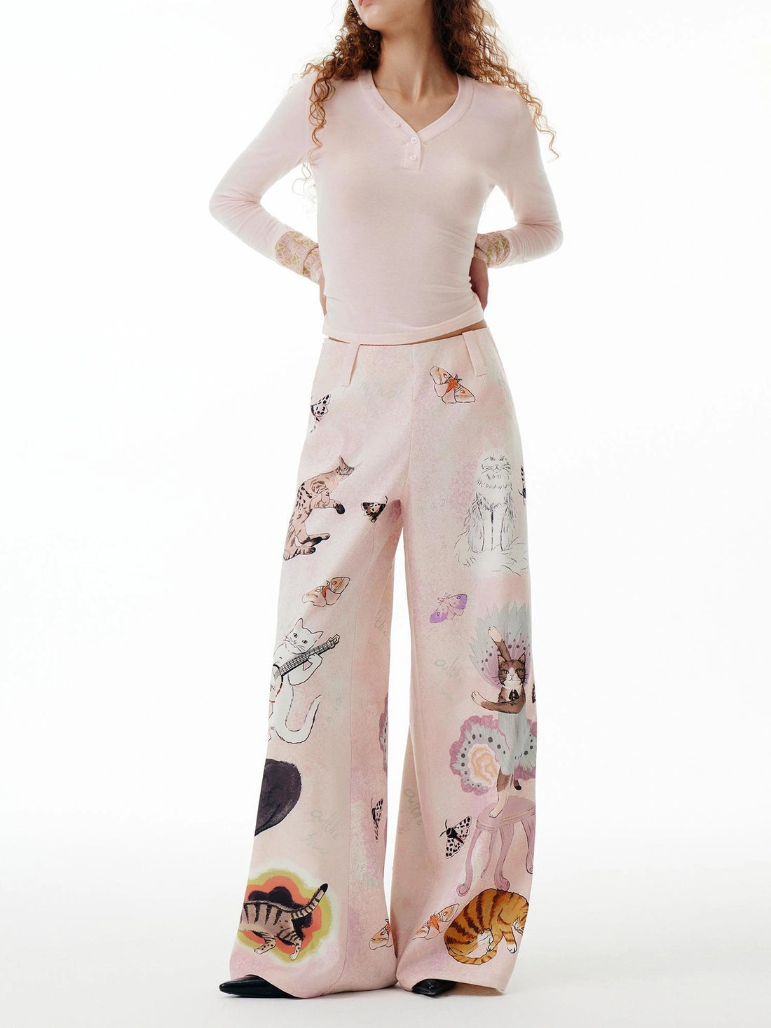 OuttheBlue Out The Blue Lucky Cat Print Wide Leg Trousers