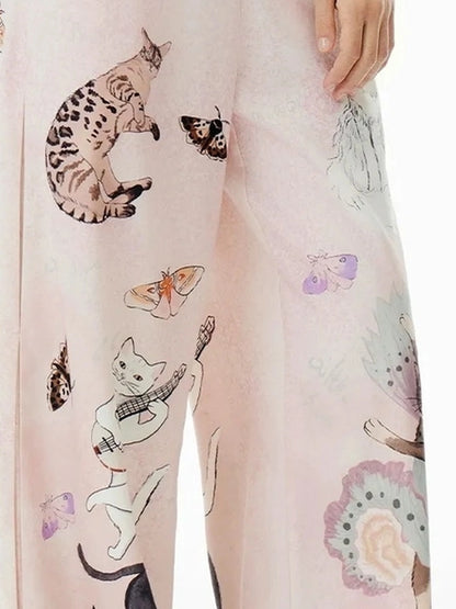 OuttheBlue Out The Blue Lucky Cat Print Wide Leg Trousers
