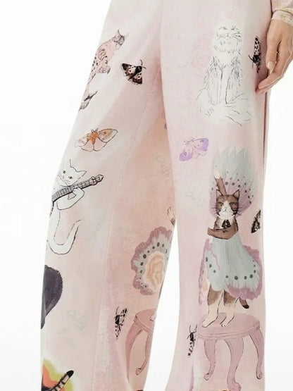 OuttheBlue Out The Blue Lucky Cat Print Wide Leg Trousers