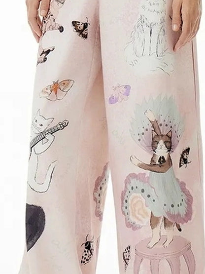 OuttheBlue Out The Blue Lucky Cat Print Wide Leg Trousers