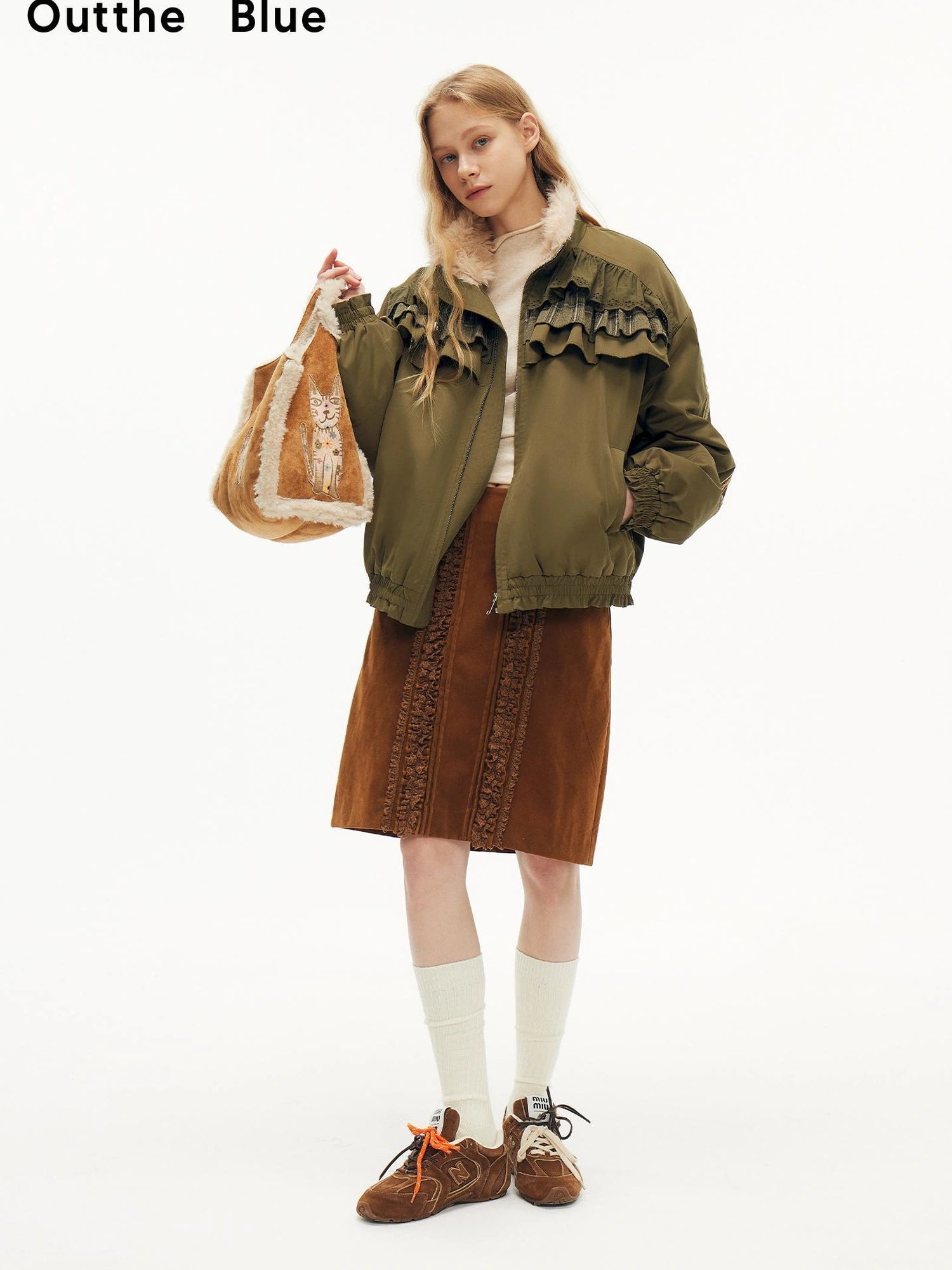 Out The Blue Lucky Cat Suede Shearling Crossbody Bag