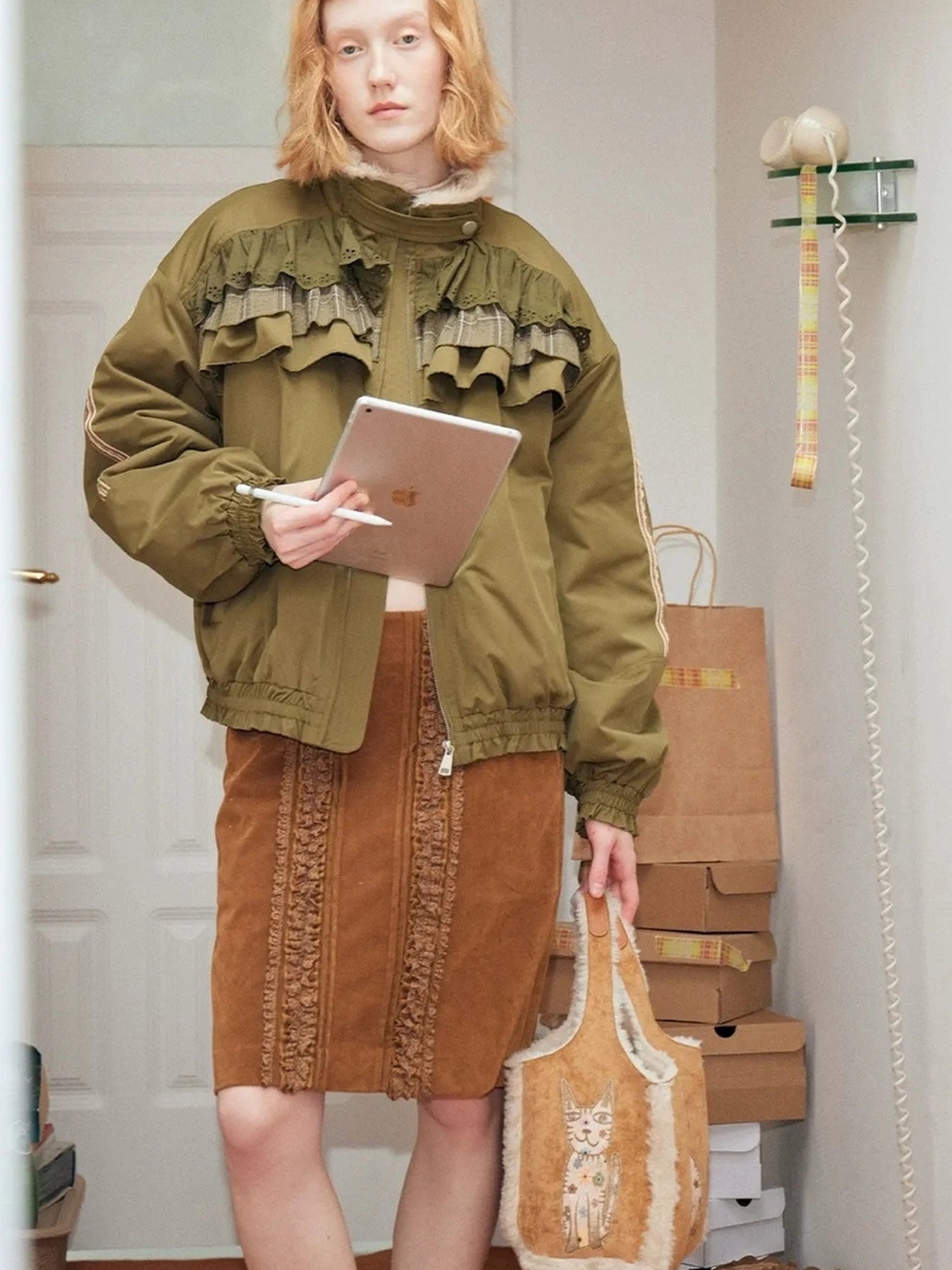 Out The Blue Lucky Cat Suede Shearling Crossbody Bag