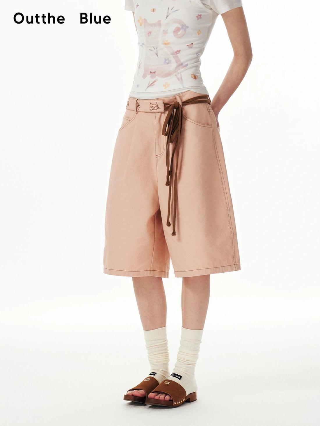 OuttheBlue Out The Blue Pink Cotton Belted Loose Fit Shorts