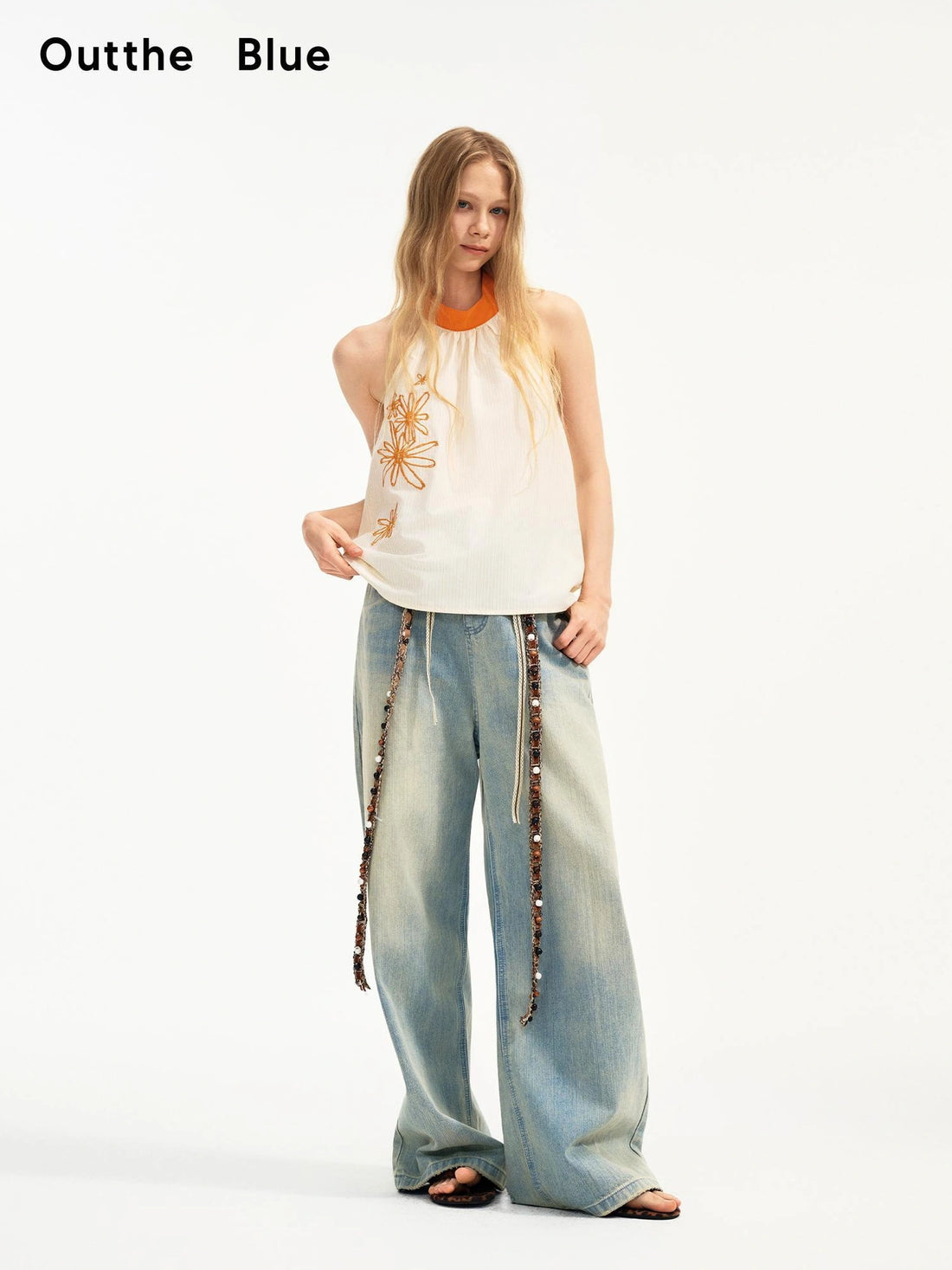 OuttheBlue Out The Blue Summer Embroidered Floral Stripes Halter Tie Top