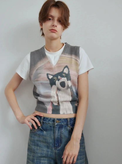 OuttheBlue Out The Blue V-neck Knitted Vest With Cat Print