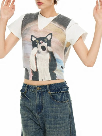 OuttheBlue Out The Blue V-neck Knitted Vest With Cat Print