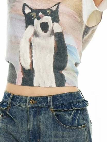 OuttheBlue Out The Blue V-neck Knitted Vest With Cat Print