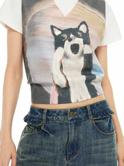 OuttheBlue Out The Blue V-neck Knitted Vest With Cat Print