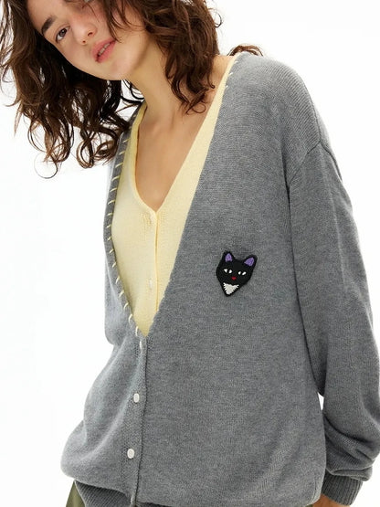 OuttheBlue Out The Blue V-neck Patchwork Stitch Cat Cardigan