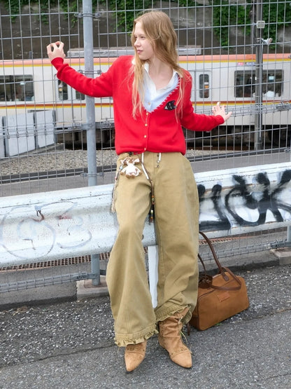 OuttheBlue Out The Blue V-neck Patchwork Stitch Cat Cardigan