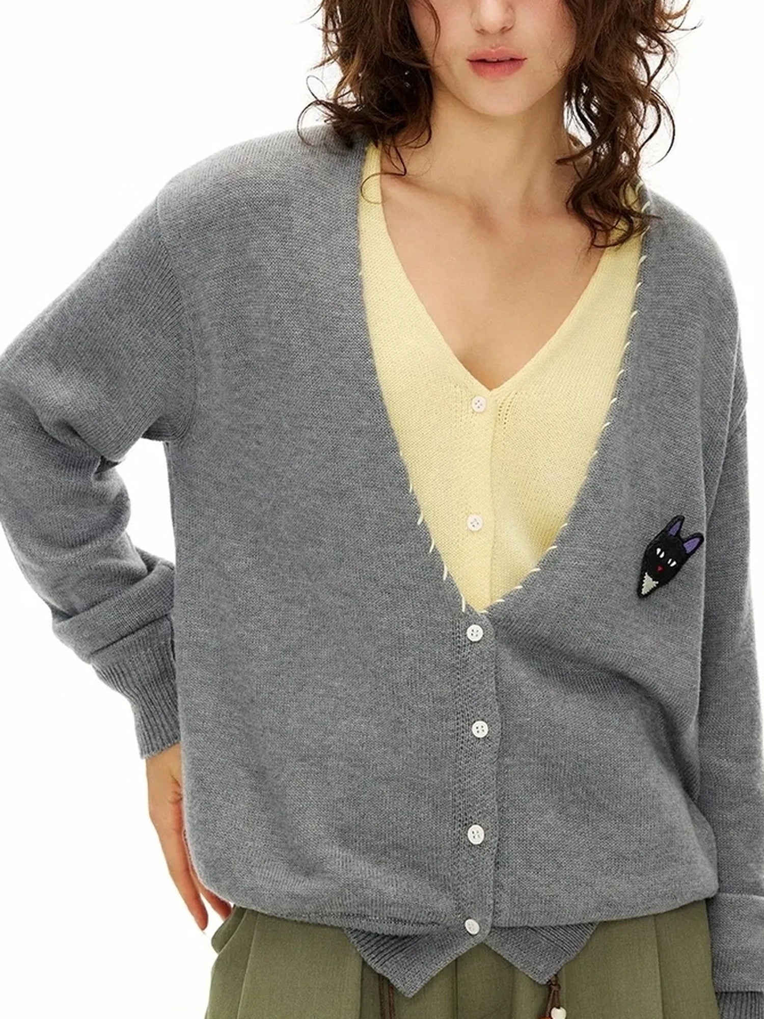OuttheBlue Out The Blue V-neck Patchwork Stitch Cat Cardigan