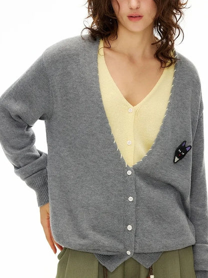 OuttheBlue Out The Blue V-neck Patchwork Stitch Cat Cardigan