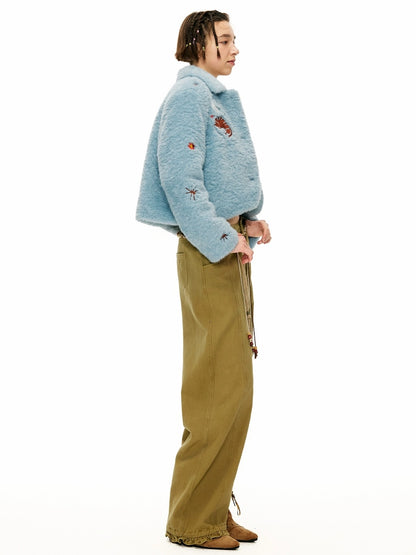 OuttheBlue Padded Casual Slim Notched Collar Embroidered Light Blue Polyester Women Jacket