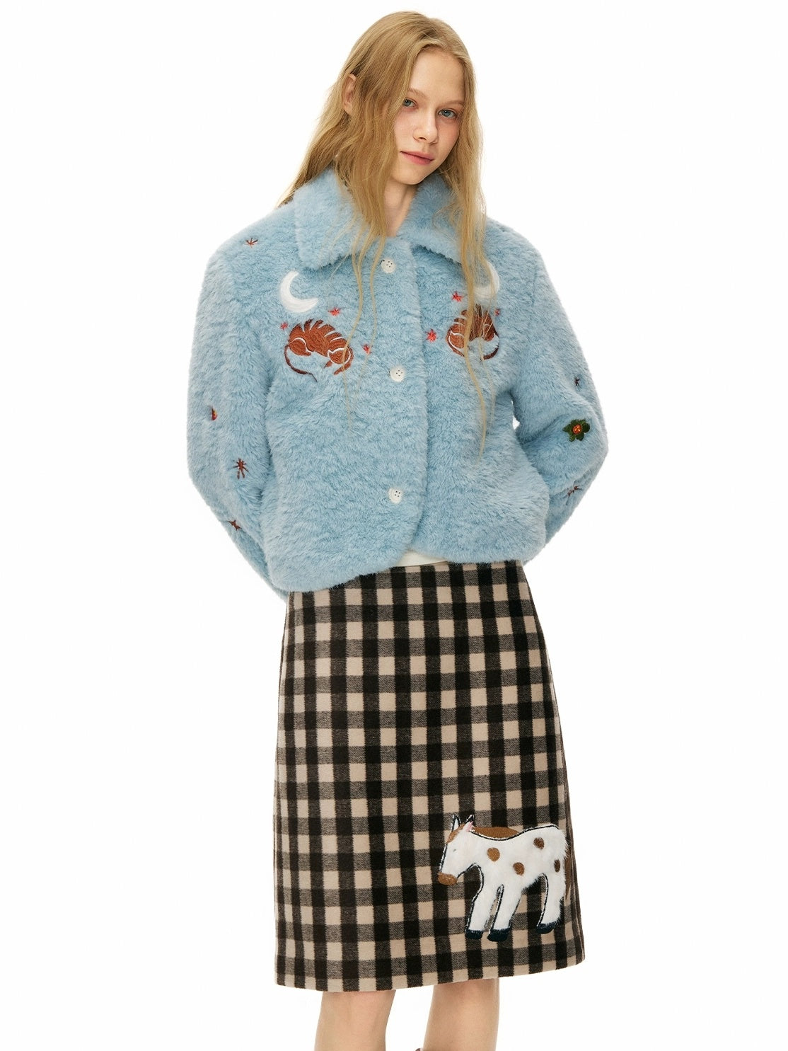 OuttheBlue Padded Casual Slim Notched Collar Embroidered Light Blue Polyester Women Jacket