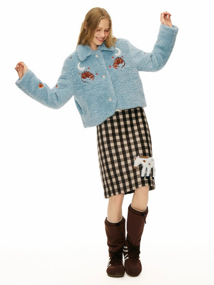 OuttheBlue Padded Casual Slim Notched Collar Embroidered Light Blue Polyester Women Jacket